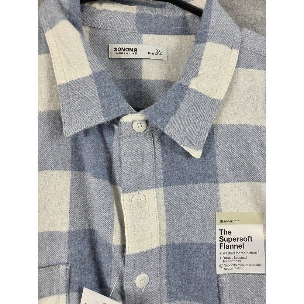 Sonoma Goods Mens 2XL Supersoft Brushed Flannel Shirt Blue White Wash Check NEW
